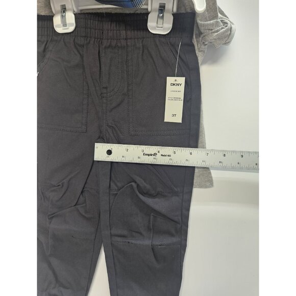 DKNY Size 3T Set Of 3, Plaid Blue Vest/ Black Pants/ Grey Long Sleeve Printed - Picture 5 of 9